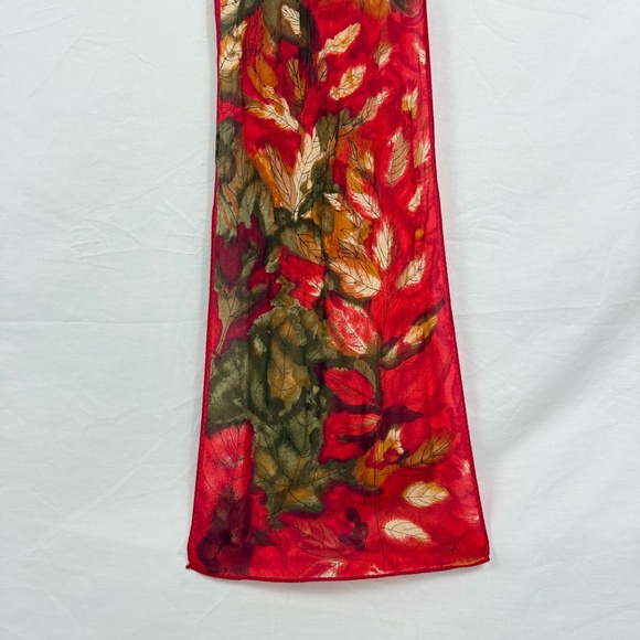 Vera Ibiza Silk Red Scarf With Gold and Green Leaves 52" Long - Picture 4 of 10